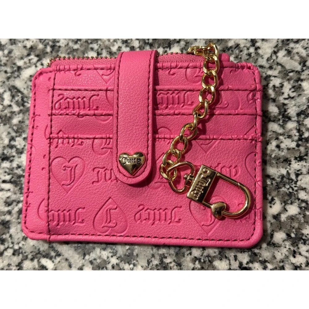 Juicy Couture Pink Embossed Logo Card Holder Wallet ID Case Keychain Zip Pocket